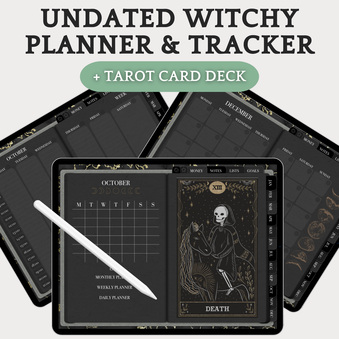 Undated Witchy Planner & Tracker Digital Bundle + Tarot Card Deck